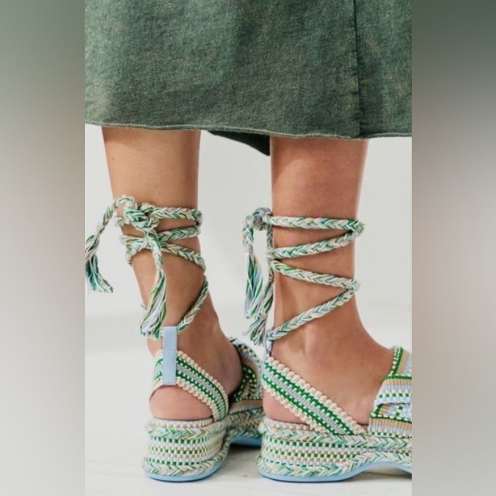 Free People Amambaih Manuela Green Blue Strappy Wedge Sandals - Picture 3 of 10